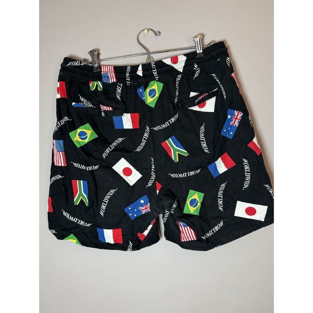 Forever 21 Mens Casual Shorts‎ Black World Flags Pockets Drawstring Size Large - Picture 2 of 6